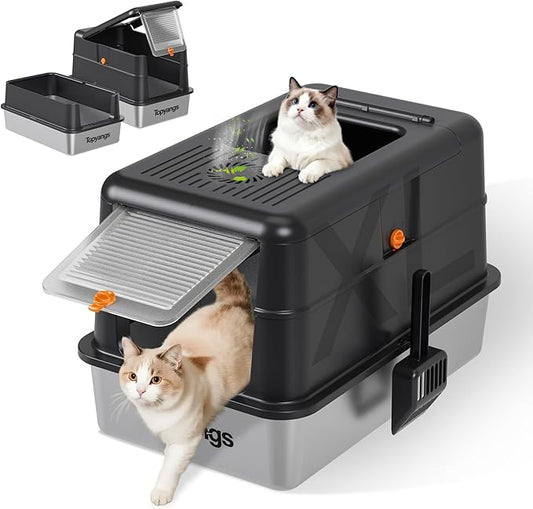 Stainless Steel Litter Box with Lid, 135° Flip-Top Design Metal Enclosed Litter Box for Kitten Cat, Breeze Litter Box System with Anti-Leakage High Sides, Large Cat Lovers Gifts
