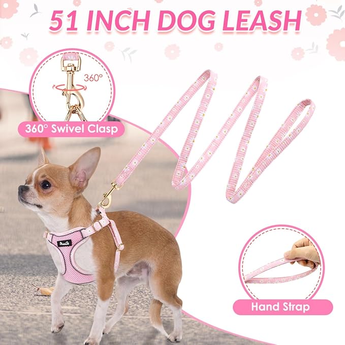 SlowTon Small Dog Harness - No Pull Dog Harness and Leash Set, Soft Mesh Lightweight Puppy Vest Harnesses, Adjustable Pet Harnesses for XXS XS Small Medium Easy Walk Hiking (Pink, XXS)