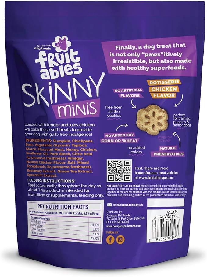 Fruitables Skinny Mini Dog Treats, Healthy Pumpkin Treat for Dogs, Low Calorie & Delicious, Puppy Training, Free of Wheat, Corn and Soy, Made in the USA, Rotisserie Chicken Flavor, 5oz
