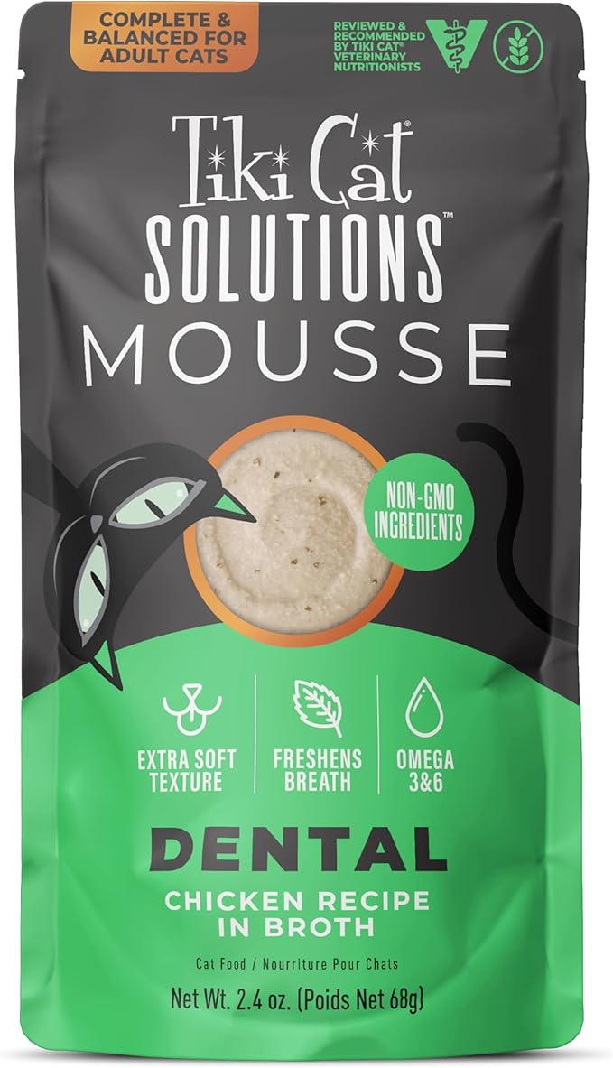 Tiki Cat Solutions Mousse Wet Cat Food, Dental, Chicken Recipe in Broth, 2.4 oz. Pouch (12 Count)