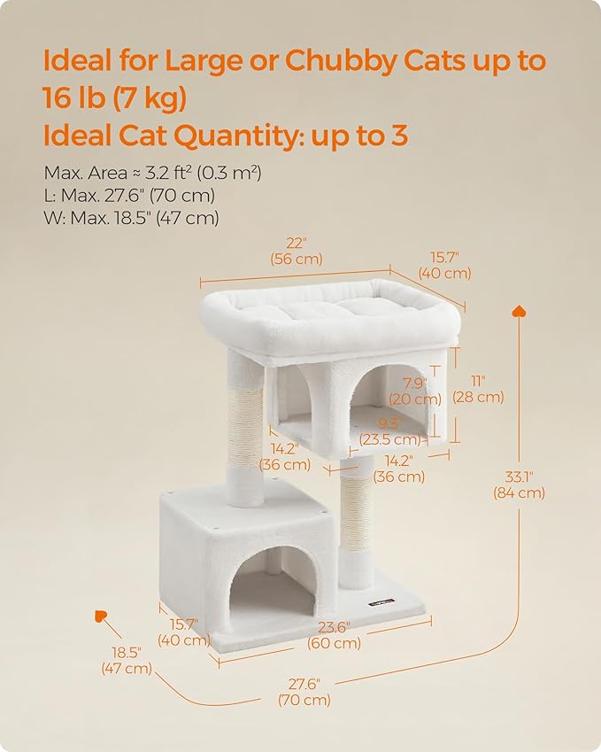 Feandrea Cat Tree, 33.1-Inch Cat Tower, L, Cat Condo for Large Cats up to 16 lb, Large Cat Perch, 2 Cat Caves, Scratching Post, Cream White UPCT061T01