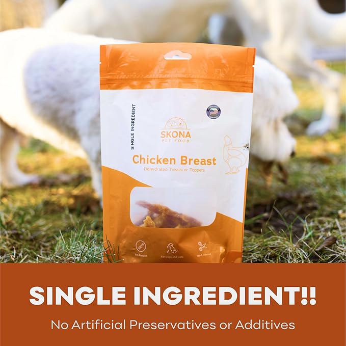 Skona PetFood Chicken Breast Jerky Dog & Cat Treats, Single-Ingredient, High Protein Training Snacks, Natural, Vitamin-Rich, USA Made, Supports Heart, Eye & Dental Health, Healthy & Tasty, 4oz