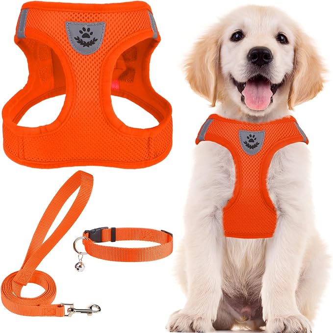 PUPTECK Adjustable Dog Harness Collar and Leash Set Step in No Pull Pet Harness for Small Medium Dogs Puppy and Cats Outdoor Walking Running, Soft Mesh Padded Reflective Vest Harnesses