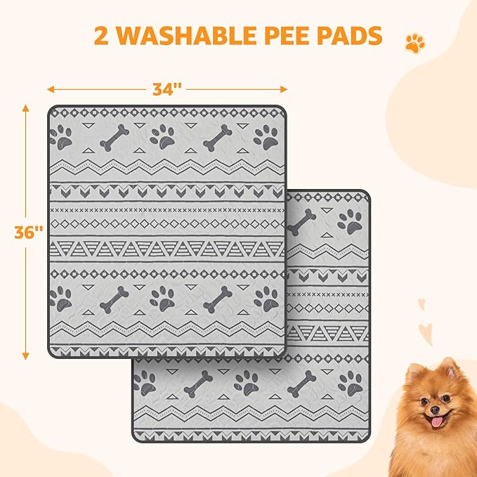 LOOBANI Washable Pee Pads for Dogs: 2-Pack Leak-Proof and Non-Slip Reusable Puppy Pads, Super Absorbent Whelping Pads for Potty Training, Playpens, Crates, Floors, Beds, and Couches, 34x36 in