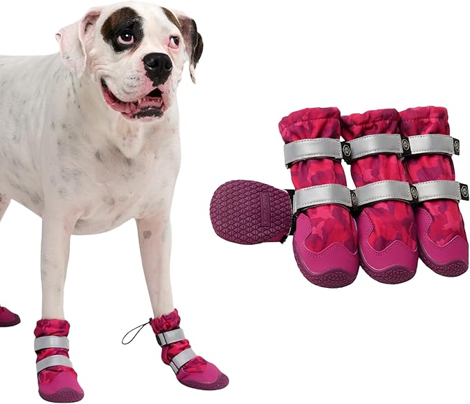 Spark Paws Dog Shoes, Waterproof Dog Boots for Medium to Large Dogs, Non Slip, Breathable Dog Booties and Paw Protectors - 4PCS Doggie Hiking Boots with Reflective Straps, Pink Camo, Size 8