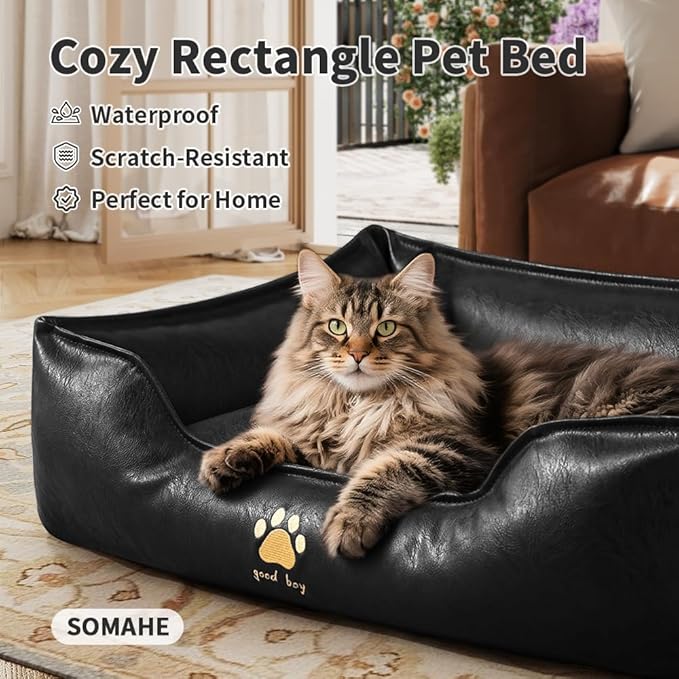 Premium Leather Cat Bed for Indoor Cats Premium Small Dog Bed Pet Nest with Anti-Slip Base Ultra Soft Texture for Comfortable Rest 24 × 18 × 9 inch Black