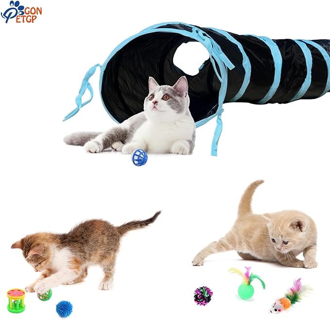 Collapsible Pet Tunnel Cube Tent Toys, Interactive Cat Feather Teaser Wand Cat Bell Balls Fuzzy Ball Springs Mouse Toys for Indoor Kittens (Black)