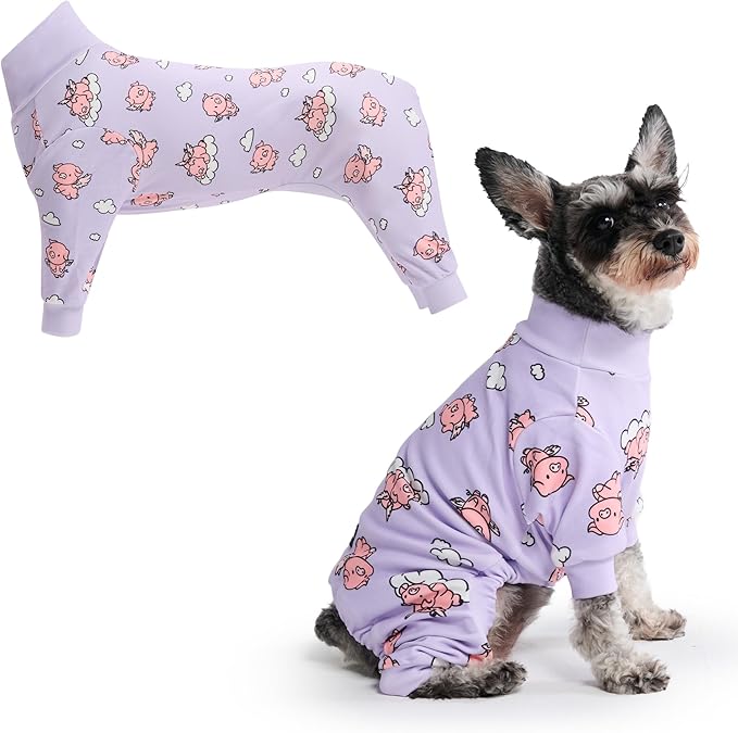 Spark Paws Dog Pajama, Dog Recovery Suit Male, Onesie, Ultra-Soft and 4-Way Stretch, for Small Medium and Large Breeds - When Pigs Fly - Purple - M