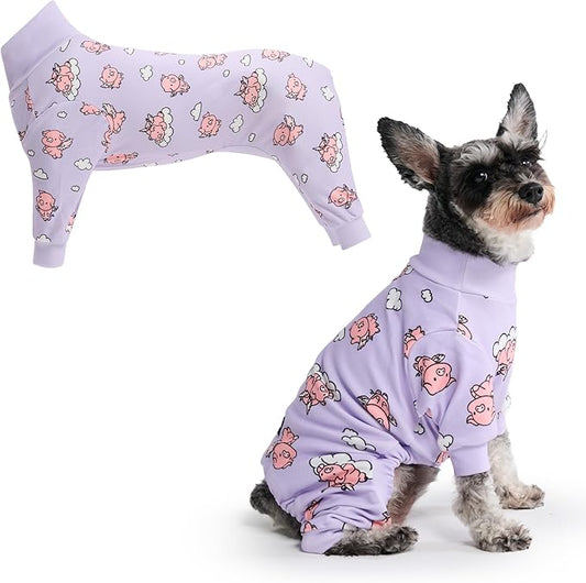 Spark Paws Dog Pajama, Dog Recovery Suit Male, Onesie, Ultra-Soft and 4-Way Stretch, for Small Medium and Large Breeds - When Pigs Fly - Purple - M