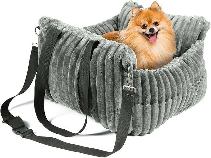 Dog Car Booster Seat, for Small Dogs Under 30 lbs, Detachable Washable Travel Bed with Storage Pockets and Safety Belt (Grey, Medium)