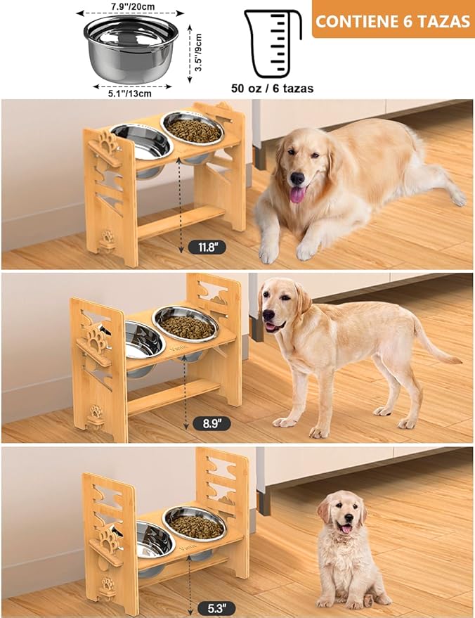 Vantic Elevated Dog Bowls, Adjustable Raised Dog Bowl Stand for Large and XLarge Pet, Sturdy Bamboo Food Feeder with 2 Stainless Steel Dishes, Natural
