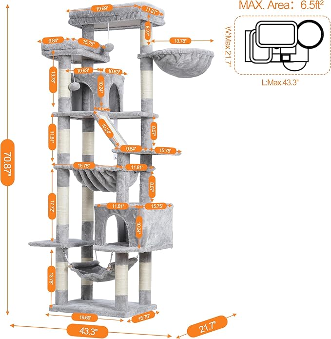 Heybly Cat Tree, 71-Inch-Tall Tower for Indoor Cats with 2 Perches, 2 Big Condos, 2 Hammocks, Basket, Scratching Pad, Large Cat Furniture and Condo, Light Gray HCT034W