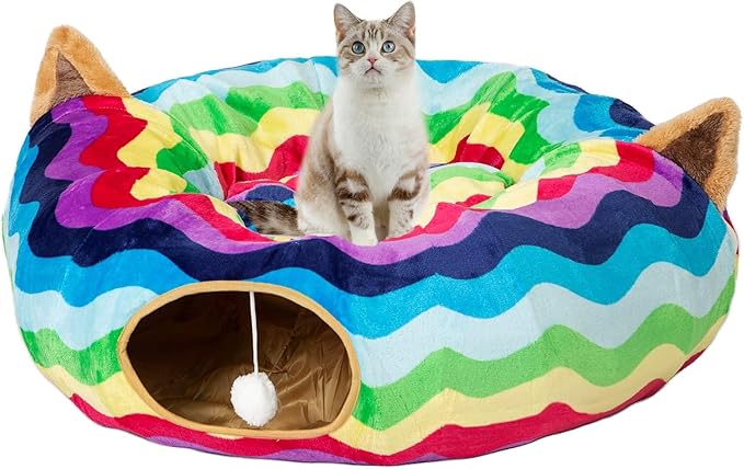LUCKITTY Large Cat Tunnel Bed Under Christmas Tree with Fluffy Toy Balls, Small Cushion and Flexible Design- 10 inch Diameter, 3 ft Length- Great for Cats, and Small Dogs, Rainbow Wave Color