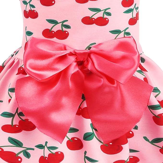 PUPTECK Print Dog Dress Pet Apparel with Cute Bowtie Puppy Clothes Outfit, Cherry, L