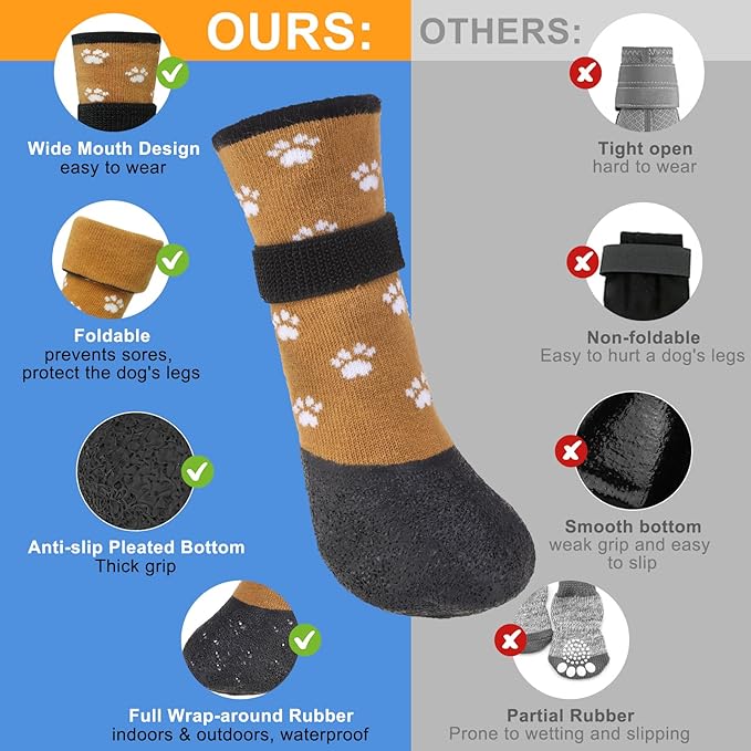 BEAUTYZOO Dog Boots for Small Dogs, Dog Boots & Paw Protectors for Winter Snowy Day Summer Hot Pavement, Waterproof Dog Booties for Hardwood Floors, 6 PCS Grip Socks Shoes for Dogs, Khaki SM