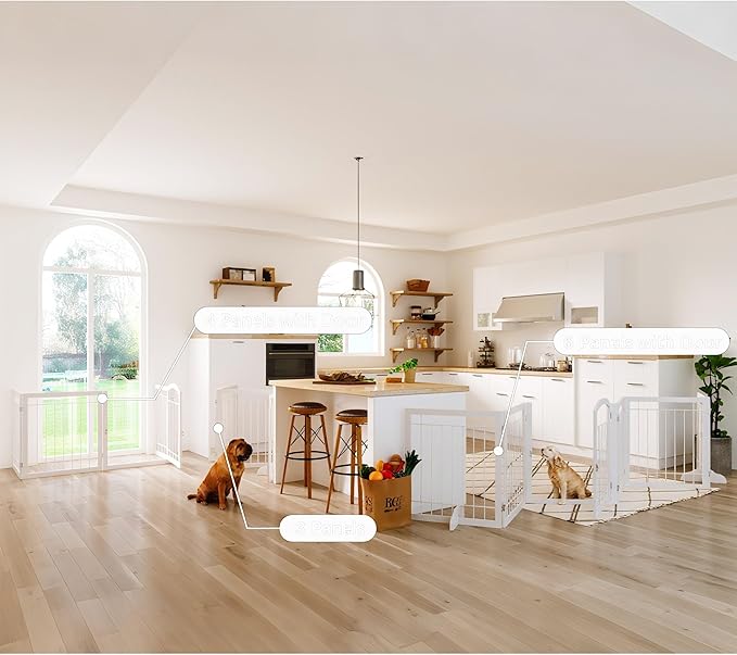 JSB 192-inch Extra Wide 30-inch Tall Dog gate with Door Walk Through,Full Matel Freestanding Pet Gate for Halls, Stairs & Home, Pet Puppy Safety Dog Fence with 4PCS Support Feet (White)