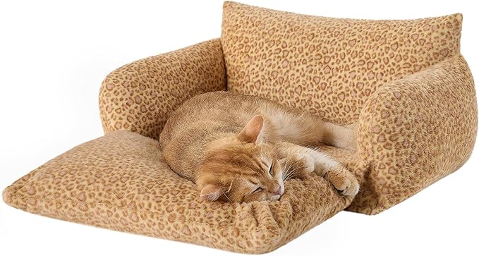 Hollypet Cat Bed Fluffy Plush Mutifuctional Double-Layer Soft Pet Couch Orthopedic Sofa Nest Beds for Small Cats and Dogs, Yellow Leopard (21x15x8 inch)