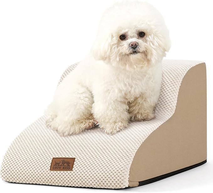 Dog Stairs for Small Dogs 11.8" H, Curved Dog Step for Puppy, Older Cat, Medium Pet Ramp for Sofa, Couch or Chair, Ladder with High Density Foam, 2 Step, Beige