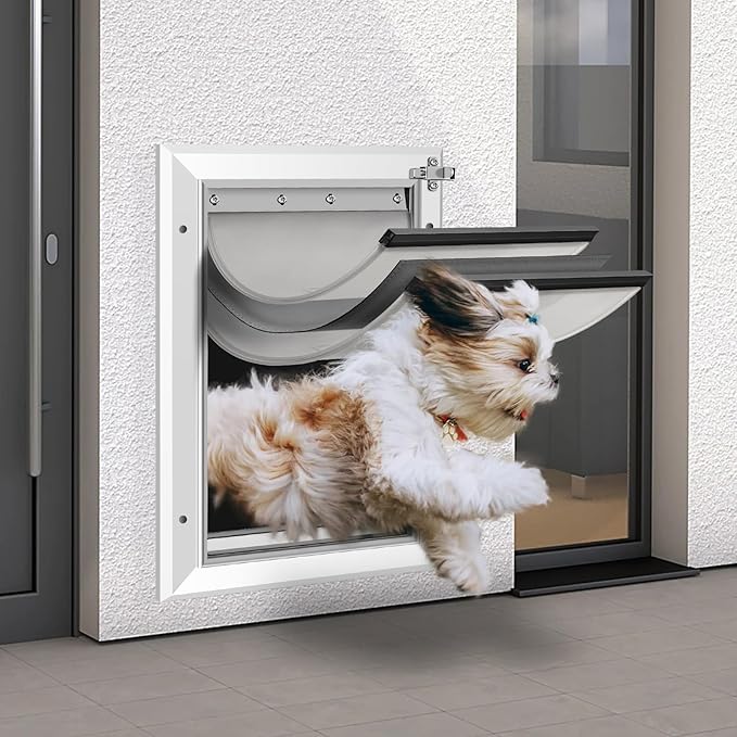 [Petoasis] Heavy Duty Aluminum Dog Door with Lock,3 Flap Insulated Doggie Doors with Installation Manual,Durable and Rust Resistant, Patent: USD1057087S, (Silvery White, Large for Wall)