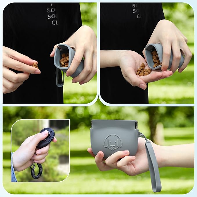 WALLFID Silicone Dog Treat Pouch Small Bag,Auto Closure,with Pet Training Clicker,Walking Bag for Dog and Cat,Pocket Size,Easy to Clean,Odorless (dark gray)