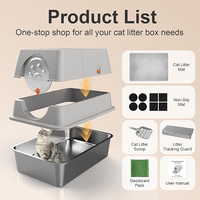 Stainless Steel Litter Box with Lid, XL Extra Large Litter Box, Enclosed Top Entry Metal Litterbox for Big Cats, Easy Cleaning, Anti-Leakage & High Sided with Mat, Aisle & Scoop, Light Grey
