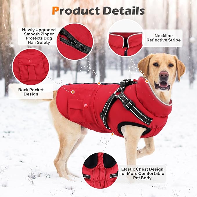 Dog Winter Coat with Harness Built-in | Waterproof Dog Jacket with Zipper & Fleece Lining | Reflective Cold Weather Coat for Small Medium Large Dogs