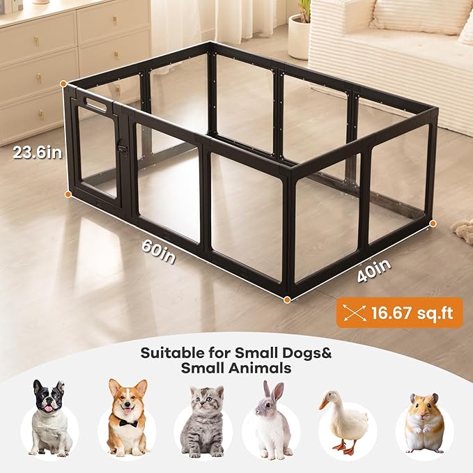 Clear Acrylic Dog Playpen Indoor, Puppy Cat Small Pet Play Pen, Pet Cat Foldable Playpen for Rabbits, Dog Fence Crate Kennel Whelping Cage (Black, 10 Panel)