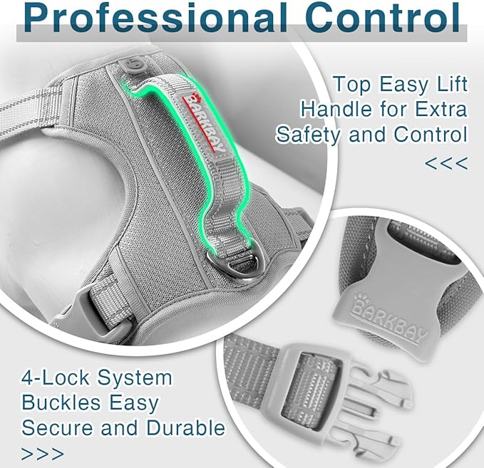 BARKBAY Dog Harness No Pull with ID Tag Pocket - Heavy Duty, Reflective, Easy Control for Large Dogs(Grey,M)