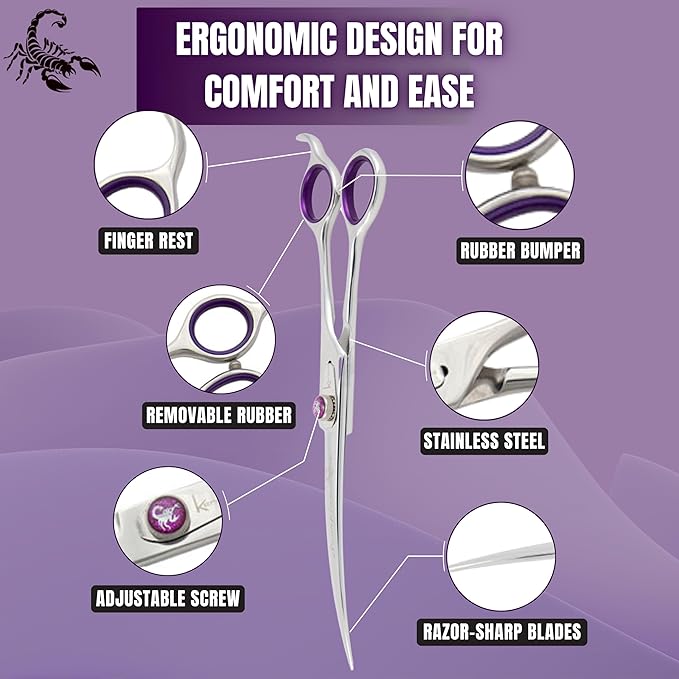 Kenchii Scorpion 8 Inch, Curved Grooming Scissors for Dogs and Pets - Premium Steel Scissors for Dog Grooming - Dog Shears Pet Grooming Accessories - Pet Hair Trimming Scissor