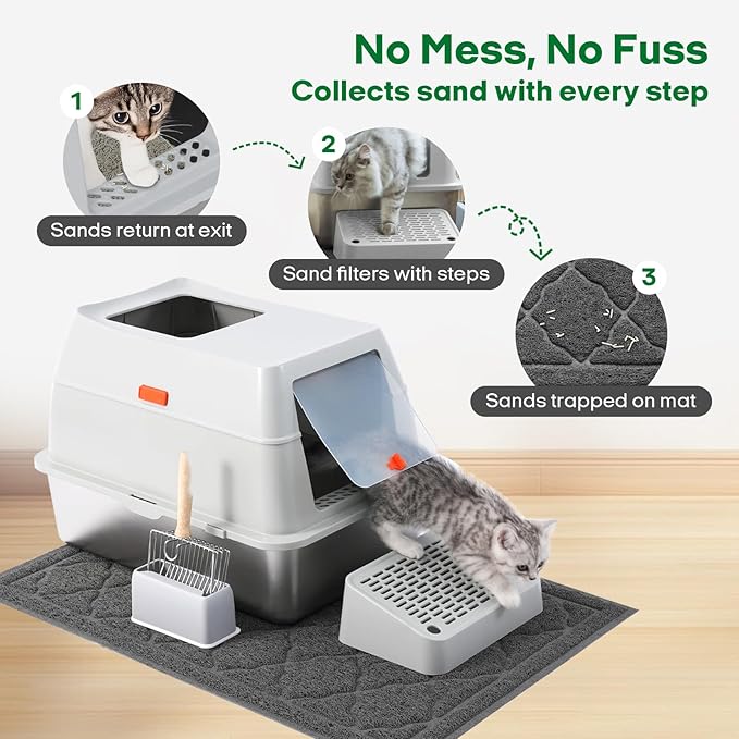 Stainless Steel Cat Litter Box, 4-in-1 Cat Metal Litter Box Set, Extra Large Top Entry Litter Box Enclosed, with Litter Mat, Litter Scoop, Light Grey