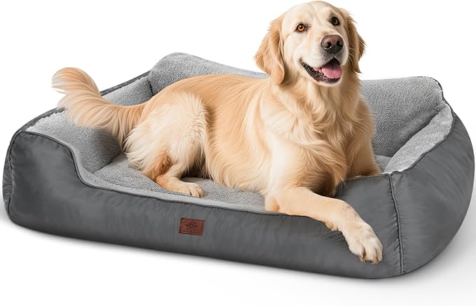 Dog Bed, Rectangle Washable Extra Large Dog Bed for Extra Large Dogs, High Back Dogs Sofa with Non-Slip Bottom, 43”x35”x9”, Grey