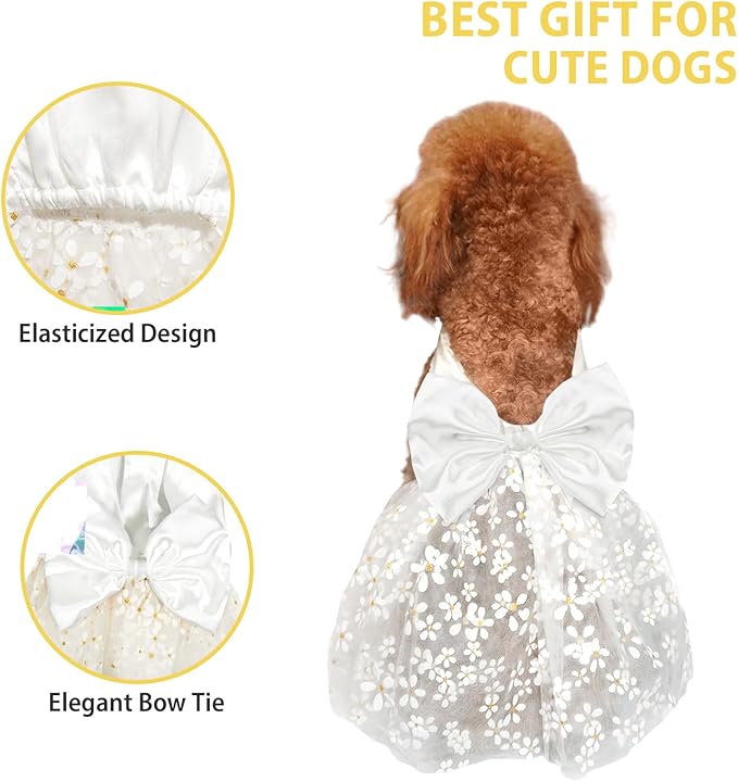 Dog Dresses, Pups Dresses for Small Dogs, Summer Puppy Clothes, Dog Party Skirt with Bow Tie, Pet Slik Costume, White S