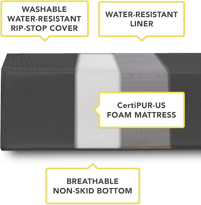 K9 Ballistics Tough Ripstop Orthopedic Rectangle Dog Bed Removable Washable Cover, Solid Orthopedic Foam for Size L Large Dogs 40"x34", Sandstone