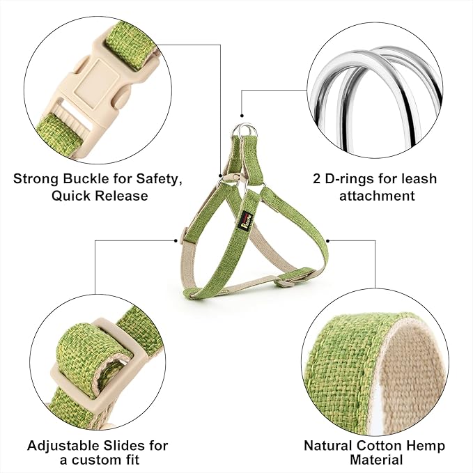 Plutus Pet Cotton Hemp Step in Dog Harness, Sustainable, Lightweight and Escape-Proof, Quick Fit Dog Harness for Puppy Small Medium and Large Dogs, Green, L