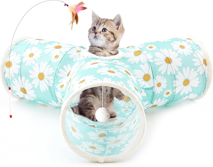 Tempcore Pet Cat Tunnel Tube Cat Toys 3 Way Collapsible, Cat Tunnels for Indoor Cats，Kitty Tunnel Bored Pet Toys Peek Hole Toy Ball, Puppy, Kitty, Kitten, Rabbit Daisy Blue Printed