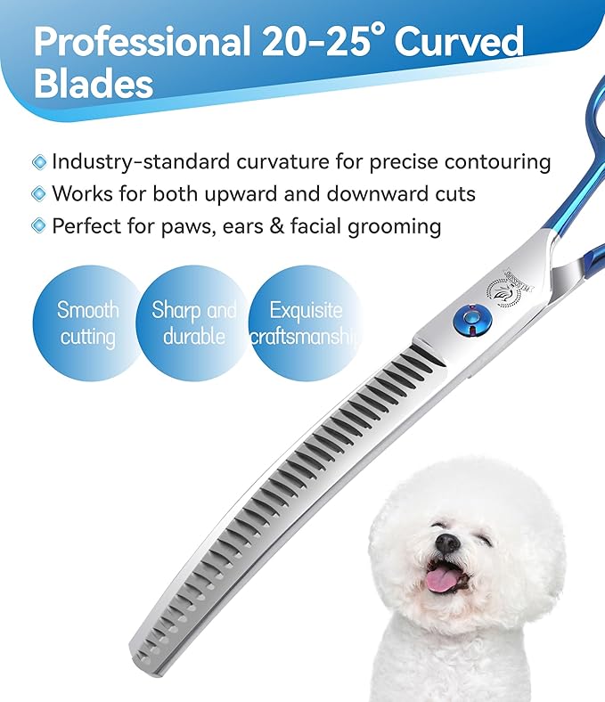 Fenice Peak Curved Chunkers Dog Grooming Scissors with Coating 440C Stainless Steel, 7 inch Professional Chunker Shears，25 Degree of Curved Blade，Dog Trimming Scissors for Grooming Face and Paws