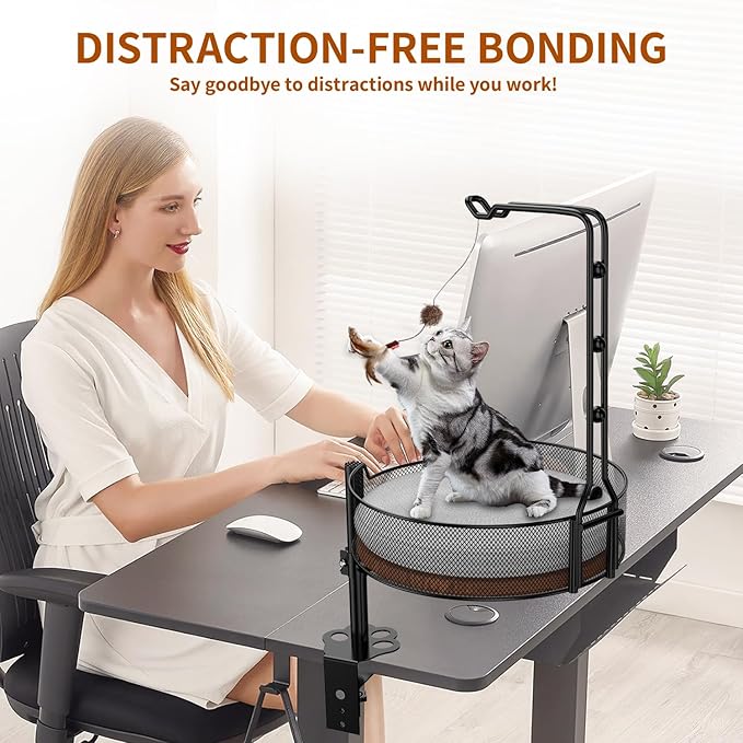 Cat Desk Bed,Rotating & Adjustable, Durable Metal Pet Bed, Supports Up to 45 lbs, Removable Blanket, Modern Indoor pet Furniture for Home Office and Game Tables