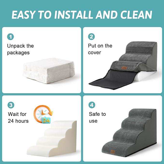 Dog Stairs for Small Dogs 19.7" H, Curved Dog Step for Puppy, Older or Cat, Medium Pet Ramp for Sofa, Couch or Bed, Ladder with High Density Foam, 4 Step, 15.7x28.3x19.7 inch, Charcoal Grey