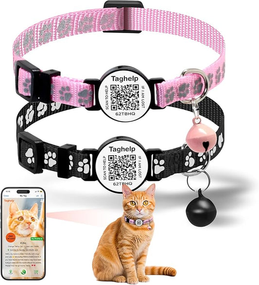 Peace of Mind Cat Collar 2-Pack: QR Code Tag with Permanent Online ID + Breakaway Reflective Collar, Scan for Immediate Contact if Lost (Pink & Black)