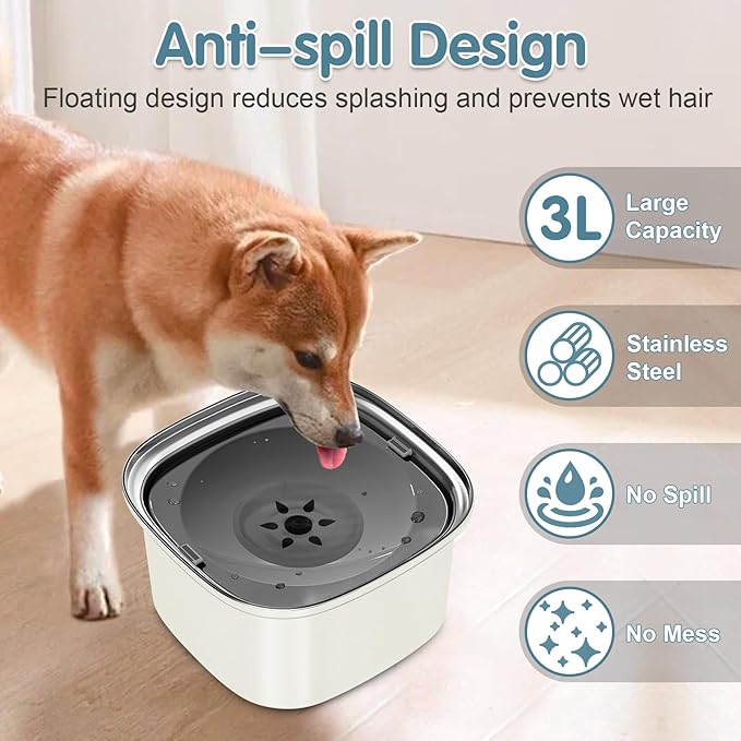 UPSKY 3L Dog Water Bowl 101oz Stainless Steel No Spill Large Capacity Dog Food Water Bowl Slow Water Feeder, Spill Proof Pet Water Dispenser Vehicle Carried Travel Water Bowls