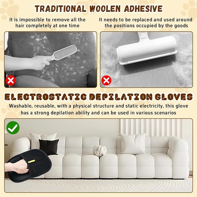 Pet Hair Removal Gloves, Electrostatic Cats and Dogs Pet Hair Removal Tool, Suitable for All Pets, Reusable and Easy to Use (2 Pcs)