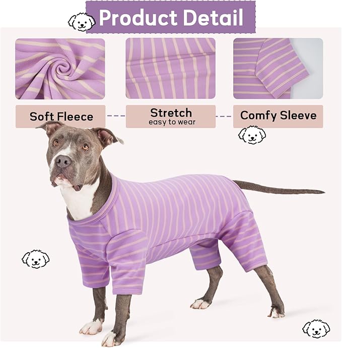 Striped Dog Pajamas - Jammies for Small to Large Dogs, Fleece Shedding Suit, Stretchy & Machine-Washable Pjs, Belly Cut for Males, Great for Surgery & Cold Weather, Purple XS