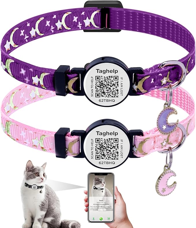 2PCS Breakaway Cat Collars with QR Code Bell Moons Stars Cute Kitty Adjustable Safe Kitten Collars with Pendant Glow in The Dark. Smart ID tag.Real-time scan alerts (Purple&Pink)