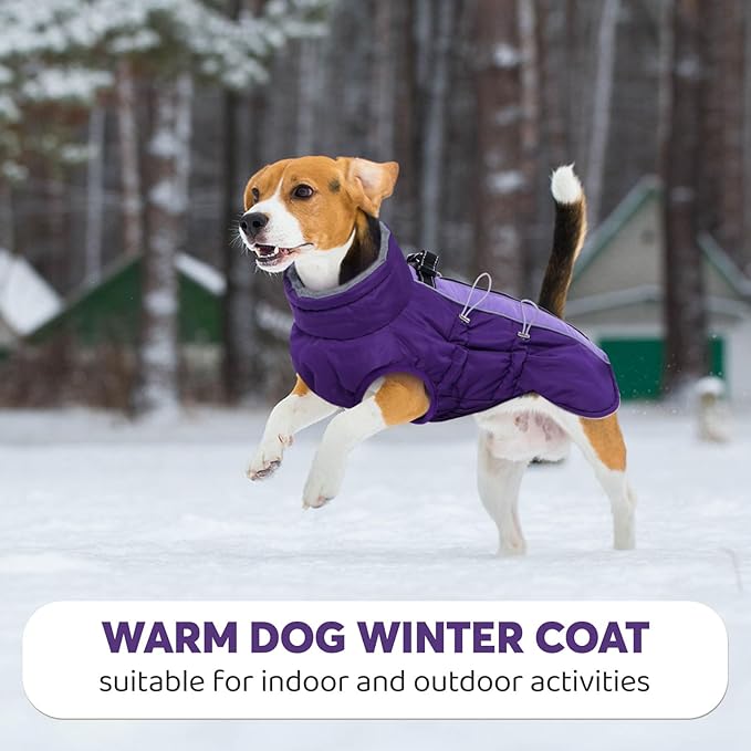 IDOMIK Warm Dog Coat with Harness, Waterproof Reflective Dog Jackets for Small Medium Large Dogs, Fleece High Collar Winter Jacket with Zipper, Pet Winter Snowsuit Clothes for Cold Weather,Purple S