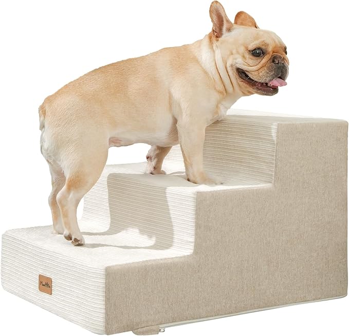 Made4Pets Dog Stairs for Small Dogs, Extra Wide Dog Steps for Bed Couch Sofa and Chair, 35D Foam Pet Steps for Small Dogs and Cats(Up to 40lbs), Non-Slip Bottom Pet Stairs, Beige, 3 Steps