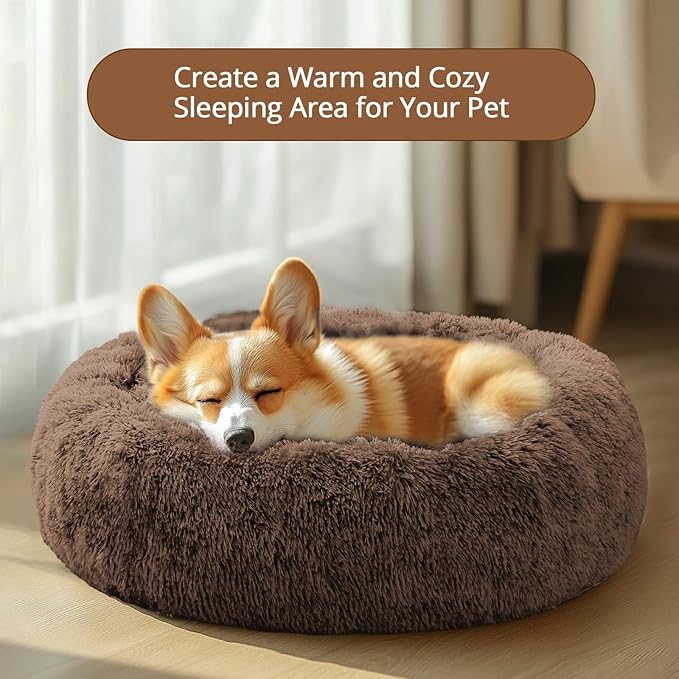 JOLLYVOGUE Calming Dog & Cat Bed for Small Dogs, Anti-Anxiety Donut Cuddler Cozy Soft Round Bed with Anti-Slip Bottom, Fluffy Faux Fur Plush Cushion Beds for Small Medium Dogs (27")