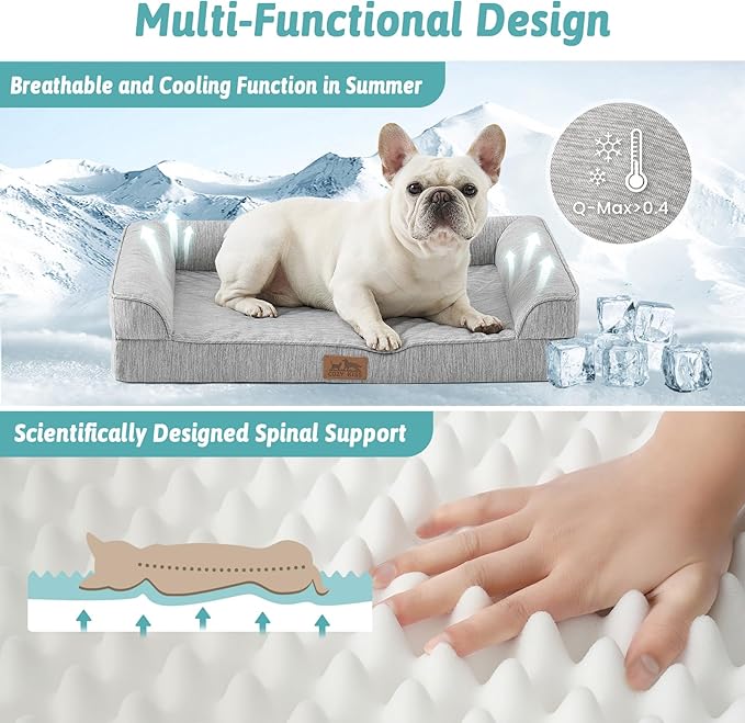 Cooling Dog Bed, Orthopedic Foam Dog Bed with Sides, Removable Washable Cover & Waterproof Lining and Nonskid Bottom, Comfortable Pet Beds for Large Dogs, Grey (42" L x 30" W x 7" Th)
