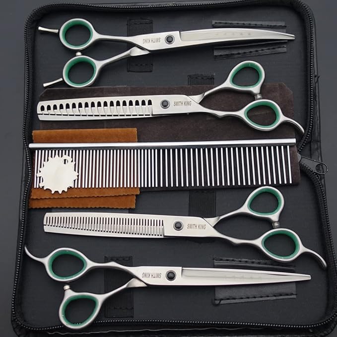 7.0 inches Professional Dog Grooming Scissors Set Straight & thinning & Curved & chunkers & comb 5pcs in 1 Set for left-handed & right handed