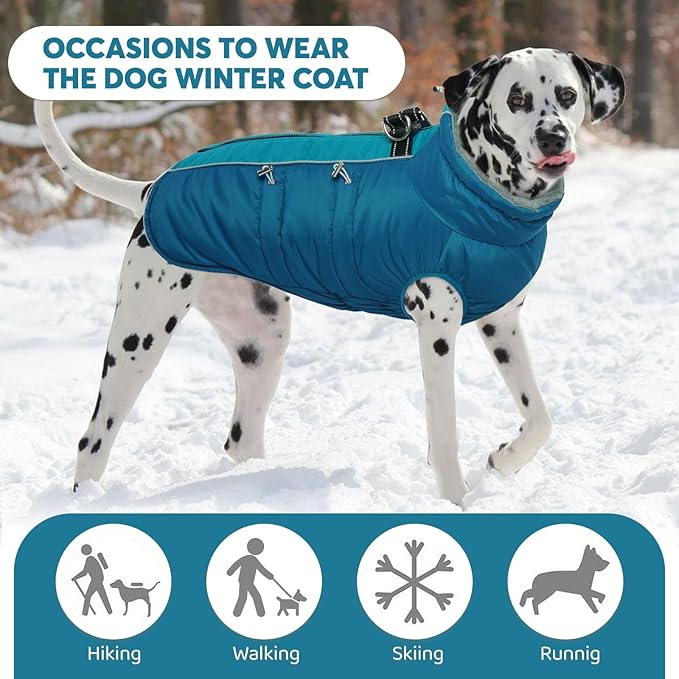 IDOMIK Warm Dog Coat with Harness, Waterproof Reflective Dog Jackets for Small Medium Large Dogs, Fleece High Collar Winter Jacket with Zipper, Pet Winter Snowsuit Clothes for Cold Weather,Blue 2XL