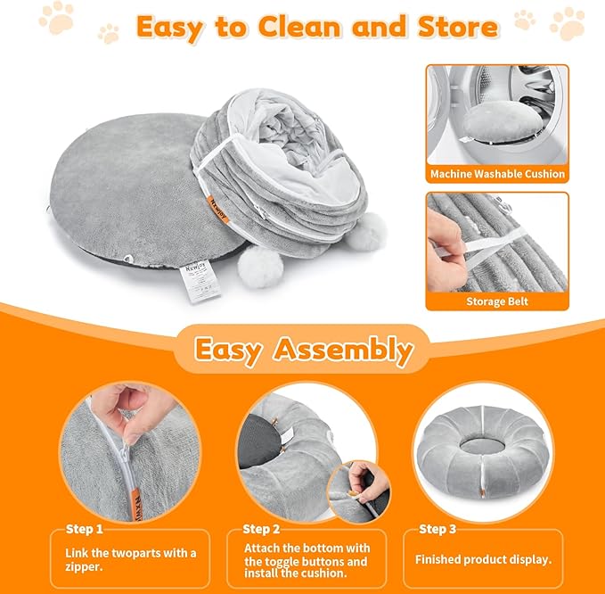 Cat Tunnel Bed 35.5 Inch XL Cat Donut Tunnels for Indoor Cats Cute Tubes Round Pet Play Tunnel Toy for Kitten Puppy Rabbit with Washable Circle Cushion Grey
